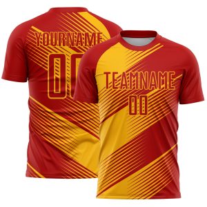 Custom Red Gold Line Sublimation Soccer Uniform Jersey
