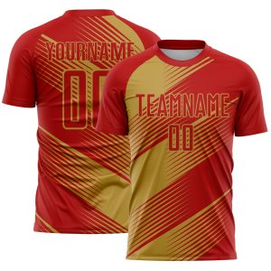 Custom Red Old Gold Line Sublimation Soccer Uniform Jersey