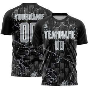 Custom Black Gray-White Lightning Sublimation Soccer Uniform Jersey
