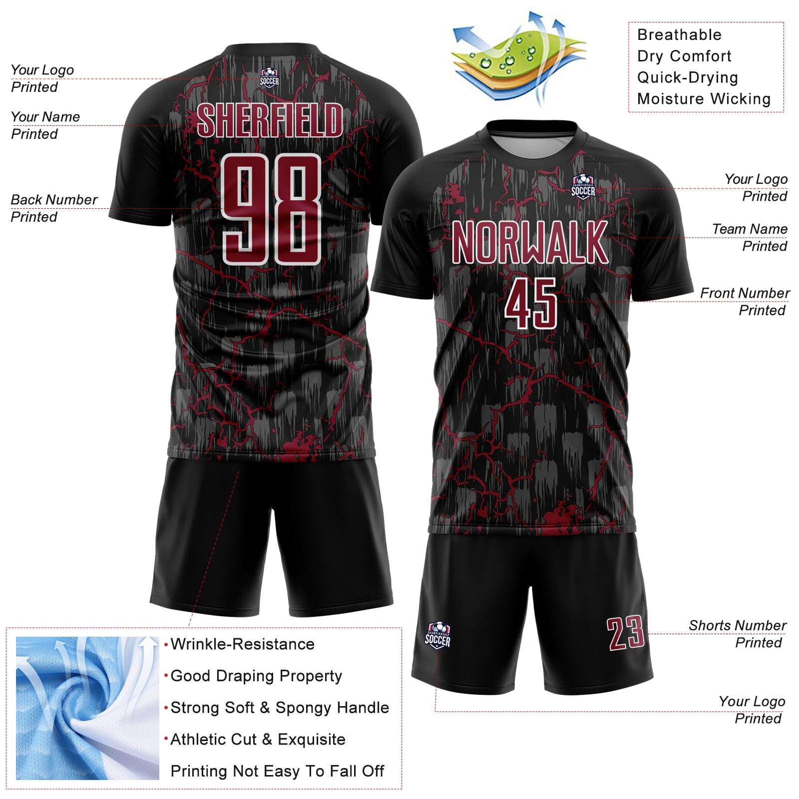 Custom Black Crimson-White Lightning Sublimation Soccer Uniform Jersey - Image 2