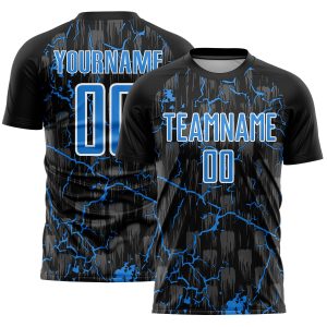 Custom Black Powder Blue-White Lightning Sublimation Soccer Uniform Jersey