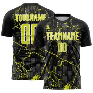 Custom Black Neon Yellow-White Lightning Sublimation Soccer Uniform Jersey
